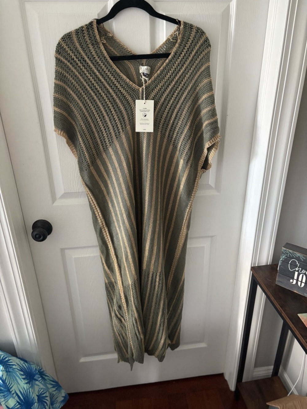 FLORIS Striped Open-Knit Midi Dress in Olive & Beige